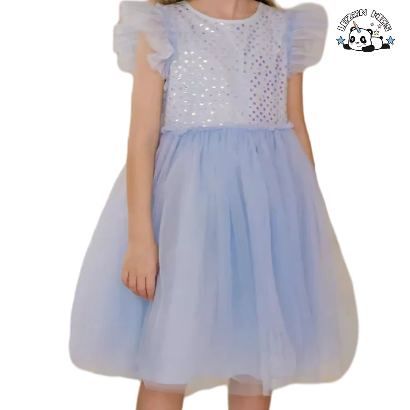 LEZONKIDS - Factory Hot Sale Girls Summer Sequin Dress Mesh Ruff Sleeve Dress Girls Princess Dress